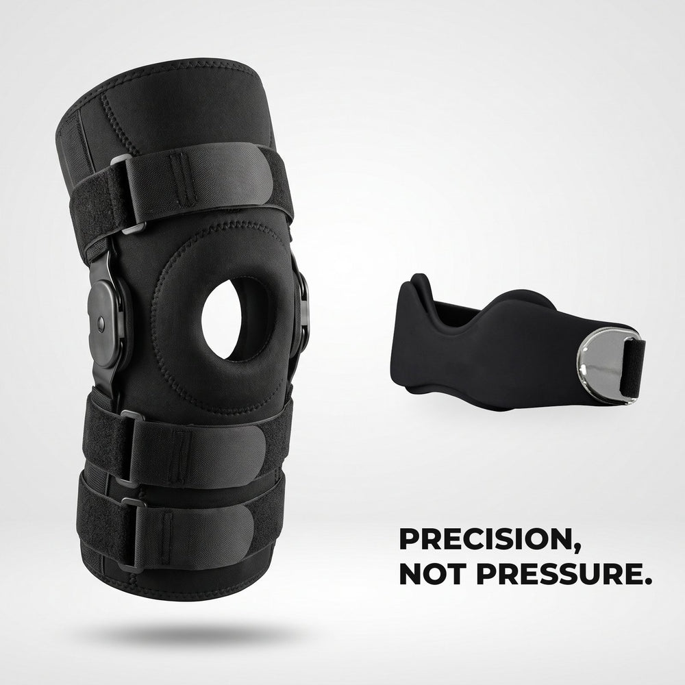 A bulky hinged knee brace next to the slim KneeLock strap