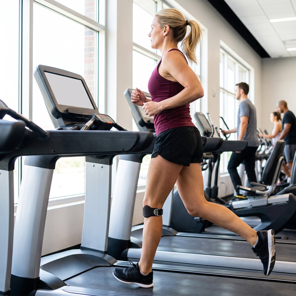 Woman running on a treadmill with the KneeLock strap