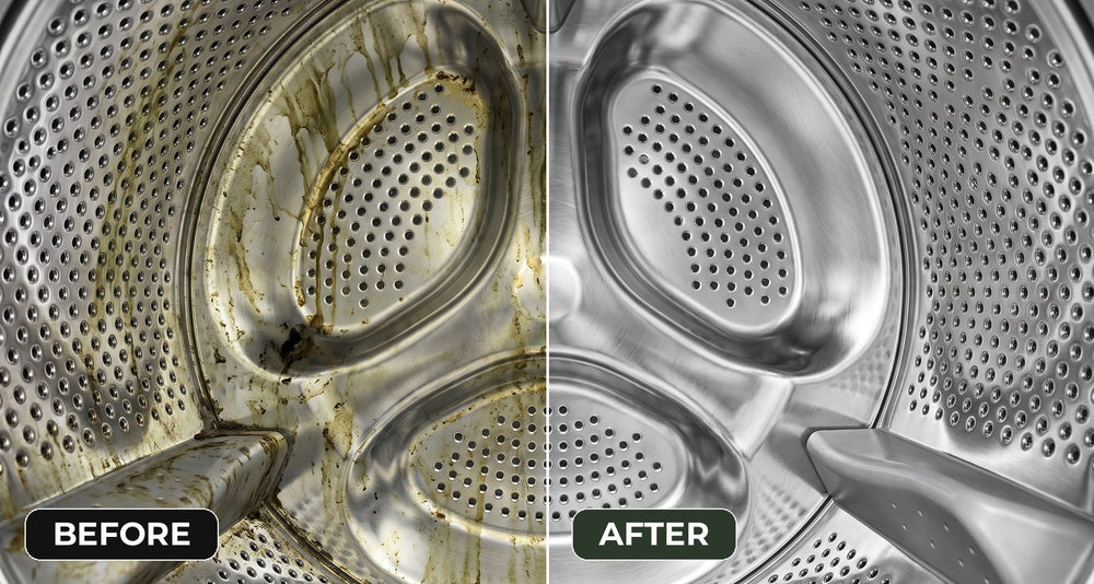 Grimy perforated drum next to the same drum shiny