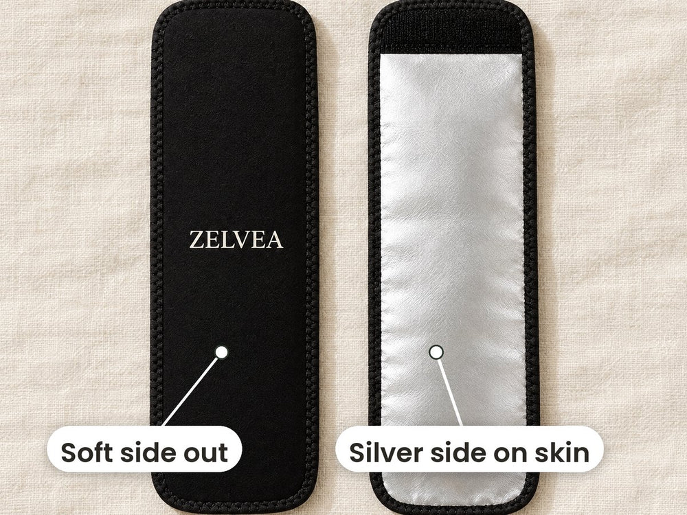Two Zelvea sleeves lying flat, one showing the black outside, one the silver lining