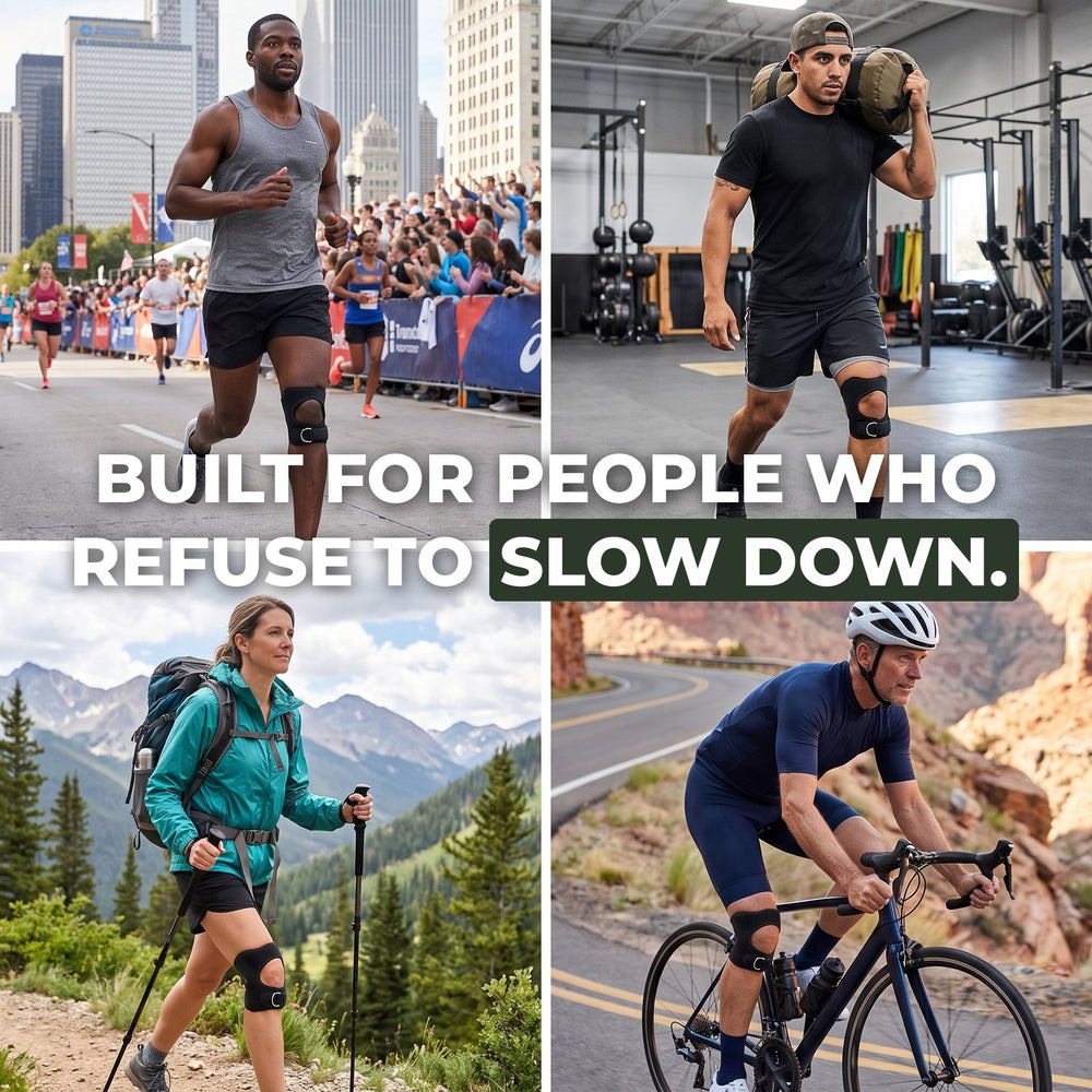 A runner, an athlete, a hiker and a cyclist wearing the KneeLock strap below the kneecap