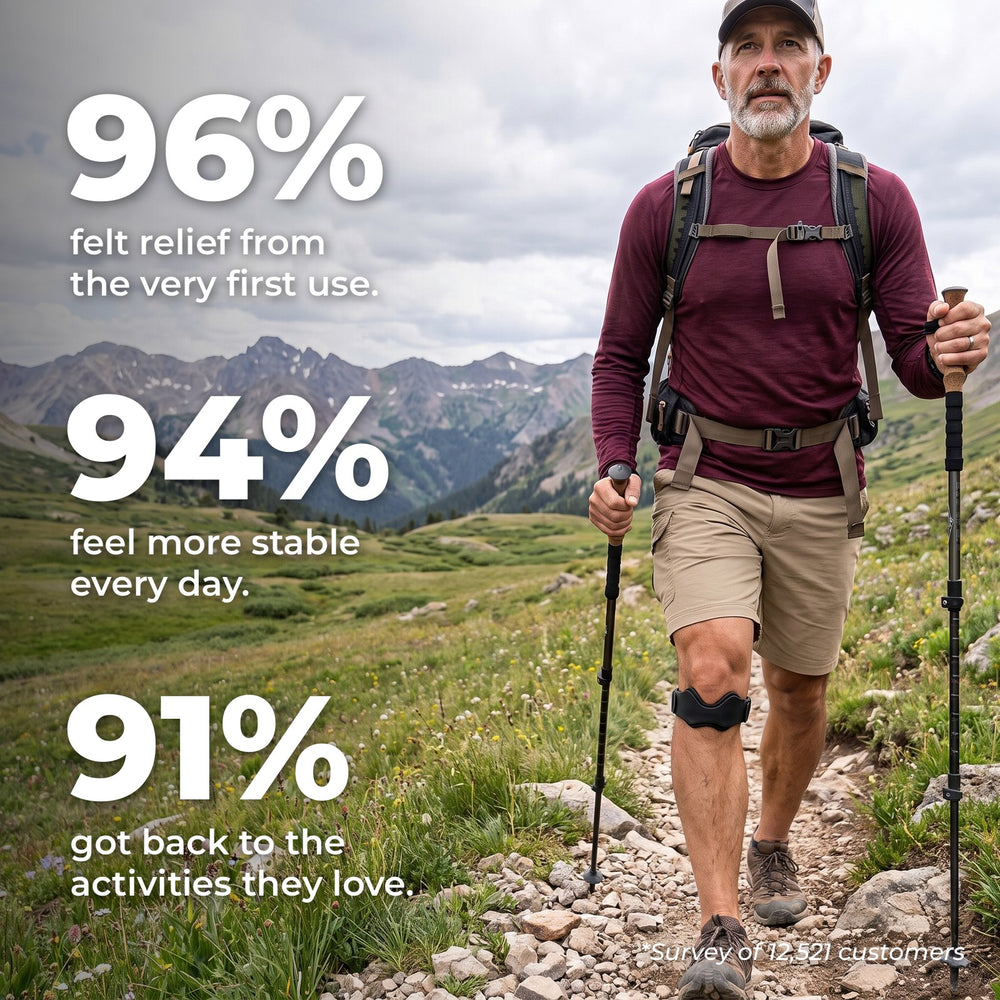 Hiker wearing the KneeLock strap on a mountain trail