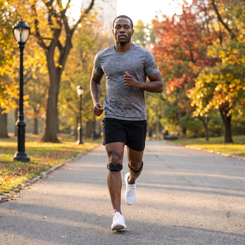 Man running in a park in the fall with KneeLock straps below both kneecaps
