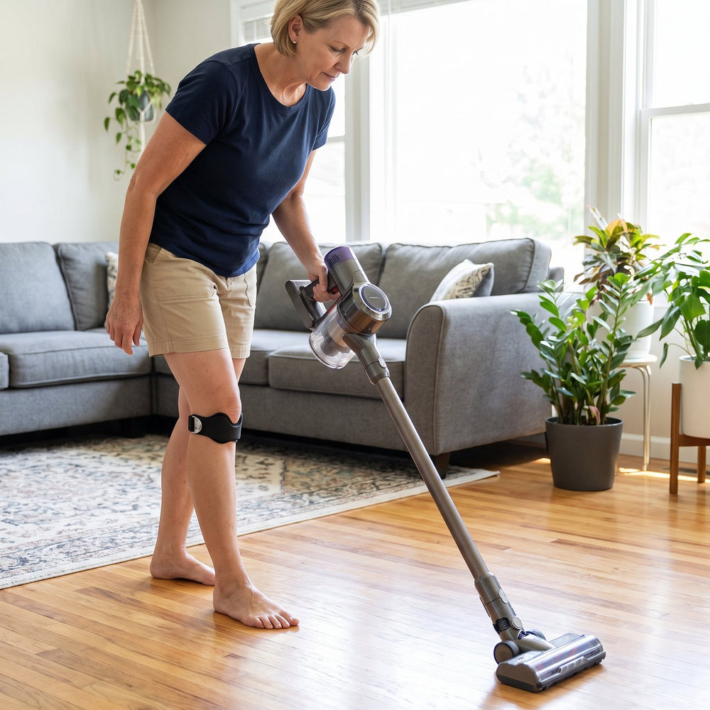 Woman vacuuming at home wearing the KneeLock strap