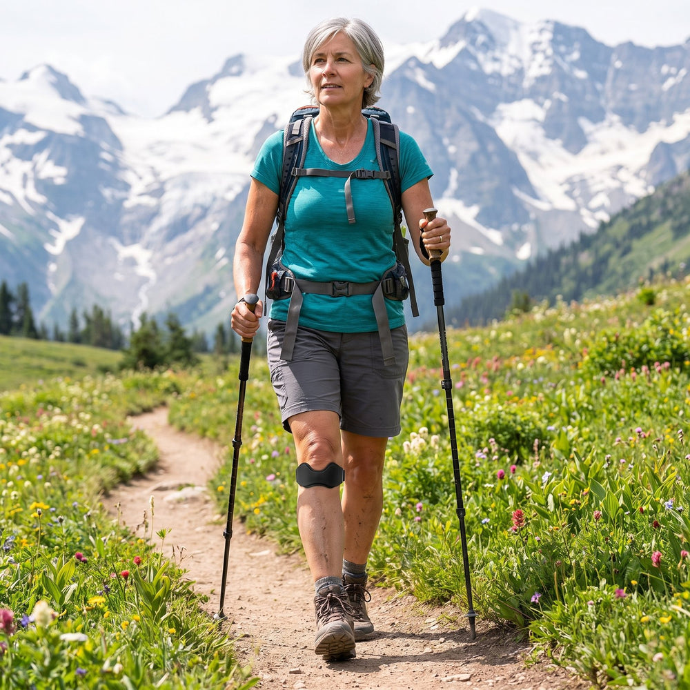 Woman hiking in the mountains with the KneeLock strap below her kneecap