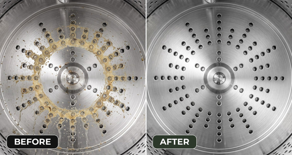 Yellow detergent rings on the back of the drum next to the same drum spotless