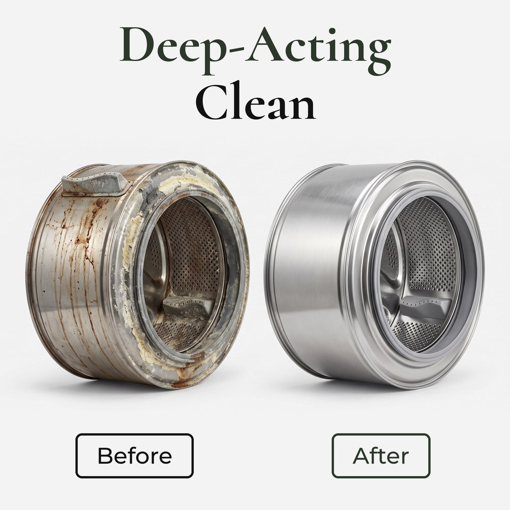 A dirty washer drum next to a spotless one, with two PetFresh tablets splashing into water