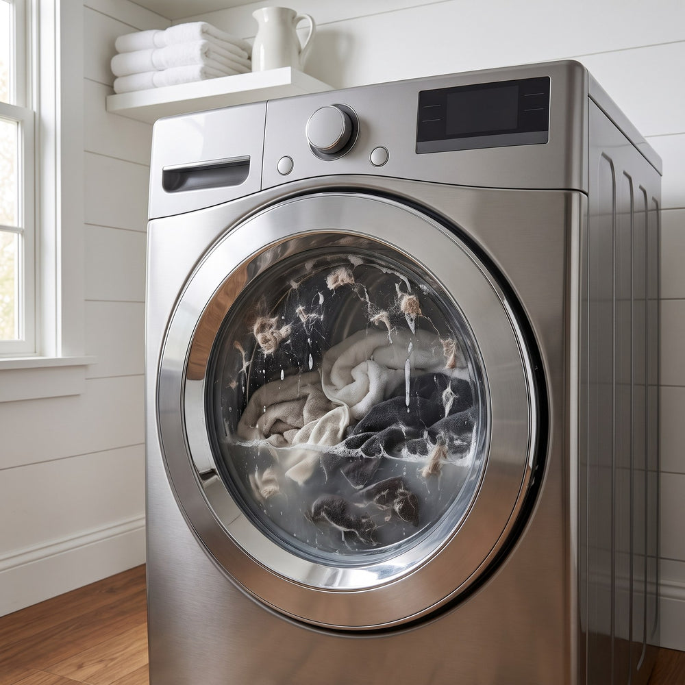 Front-loading washer with a damp towel and a dog blanket covered in pet hair behind the glass door