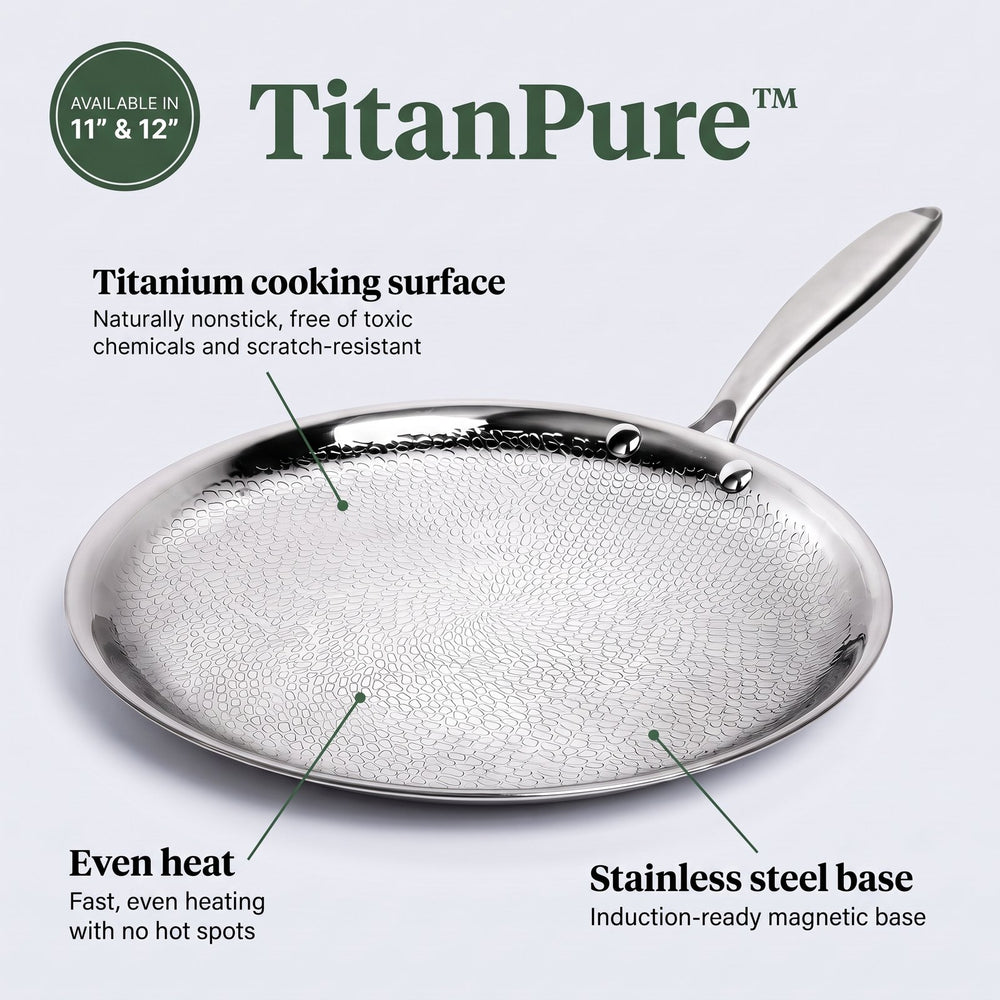 TitanPure titanium pan: titanium cooking surface, even heat, stainless steel base