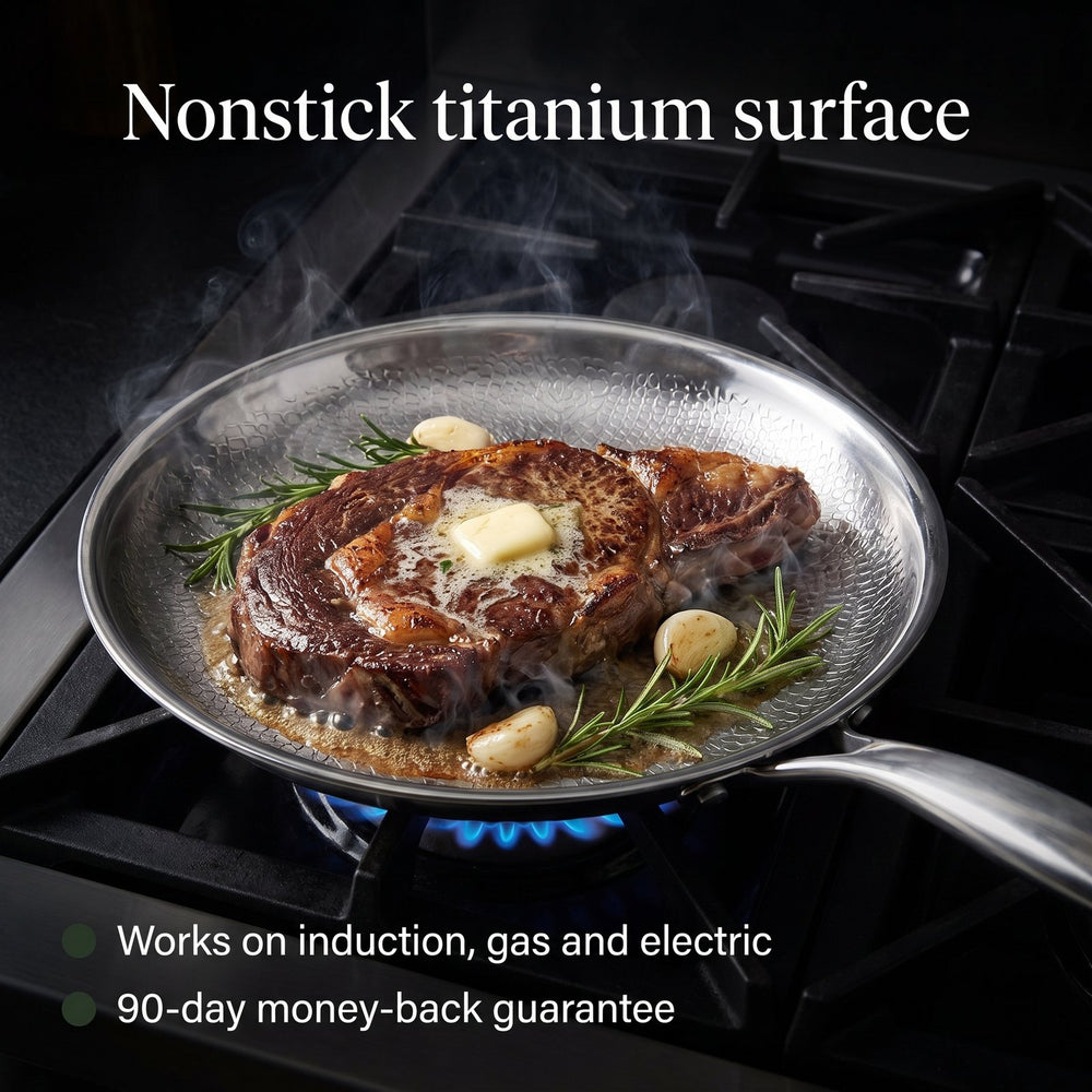 Steak searing in the TitanPure pan on a gas range: nonstick titanium surface