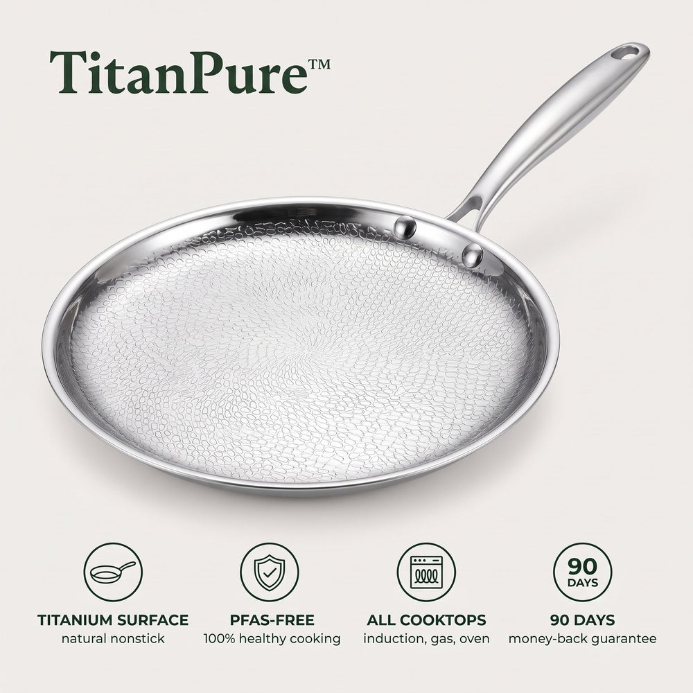 TitanPure: titanium surface, PFAS-free, all cooktops, 90-day guarantee