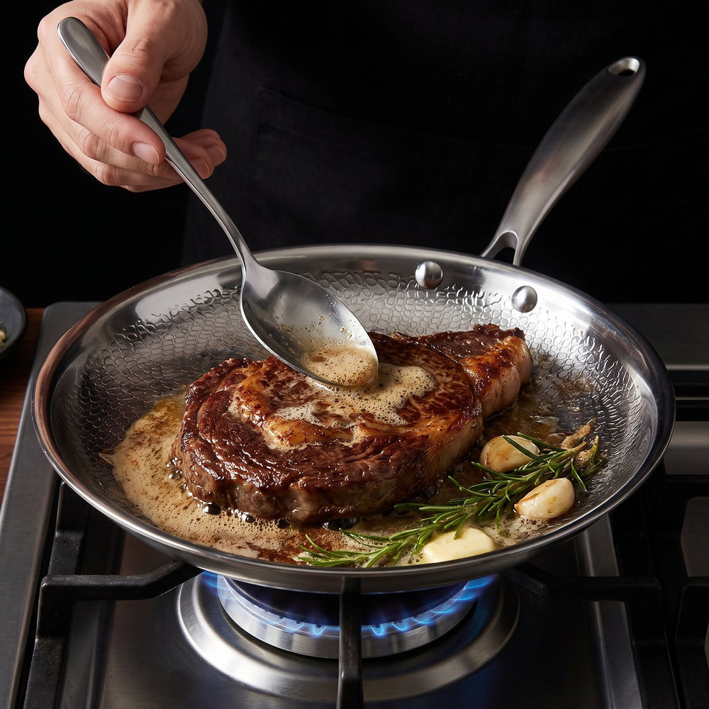 Basting a steak with butter in the TitanPure pan