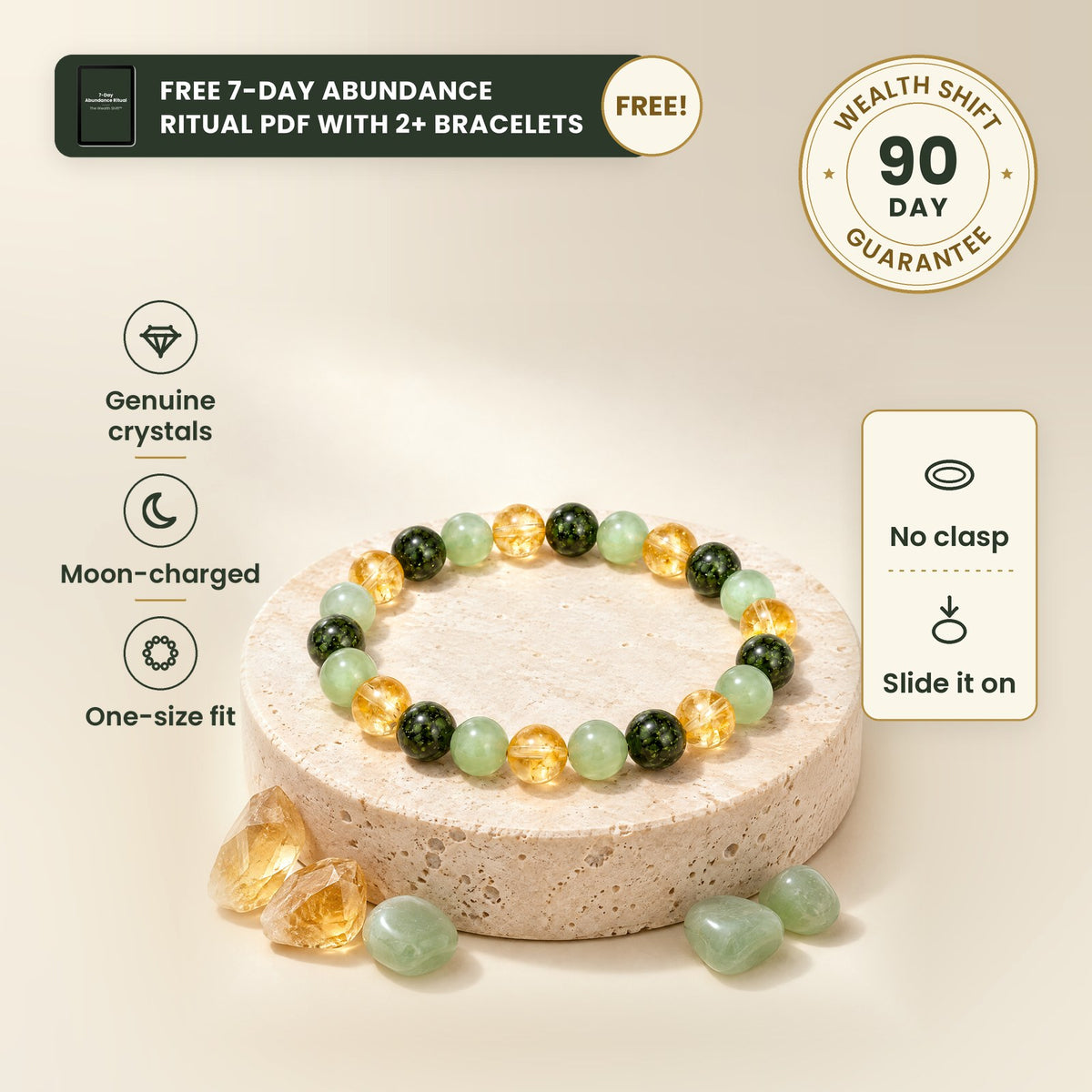 The Wealth Shift bracelet with genuine Citrine, Green Aventurine and African Turquoise, moon-charged, 90-Day Wealth Shift Guarantee, free 7-Day Abundance Ritual PDF with 2+ bracelets