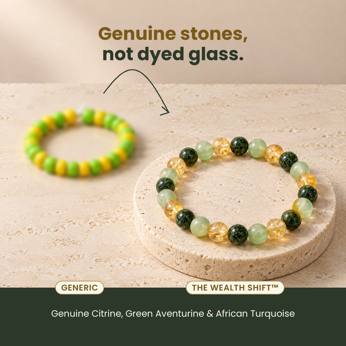 Genuine stones, not dyed glass: The Wealth Shift bracelet next to a generic bracelet