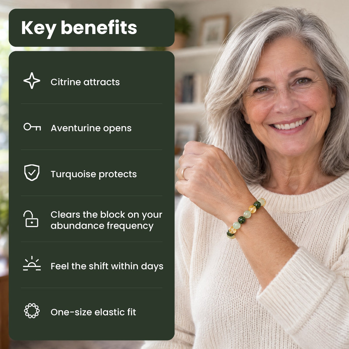 Key benefits of The Wealth Shift bracelet: Citrine attracts, Aventurine opens, Turquoise protects, one-size elastic fit