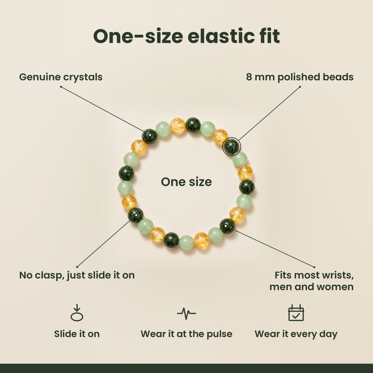 Bracelet details: genuine crystals, 8 mm polished beads, one-size elastic fit for most wrists, men and women