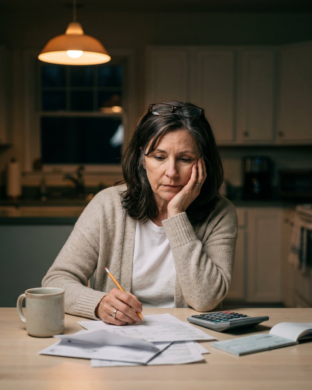 A woman sits at her kitchen table late at night, going over bills with a calculator