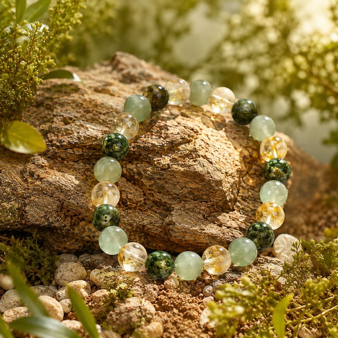 The Wealth Shift bracelet on a rock