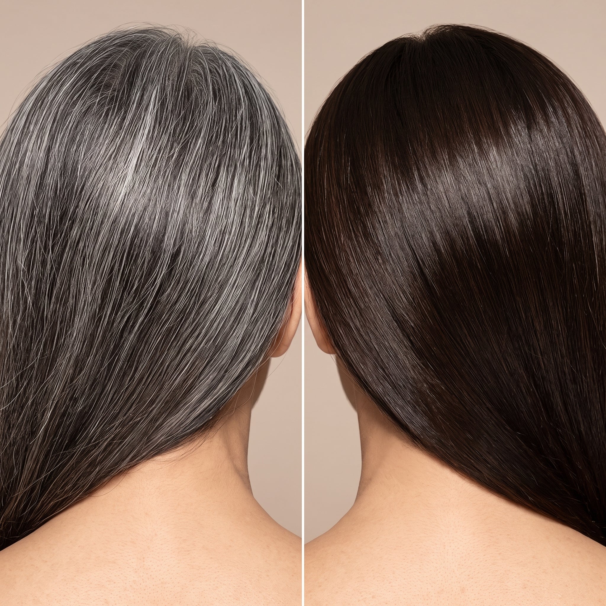 Grey hair before, rich dark brown after