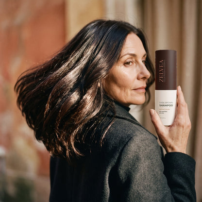 Woman with rich dark brown hair holding Zelvea Color Renewing Shampoo