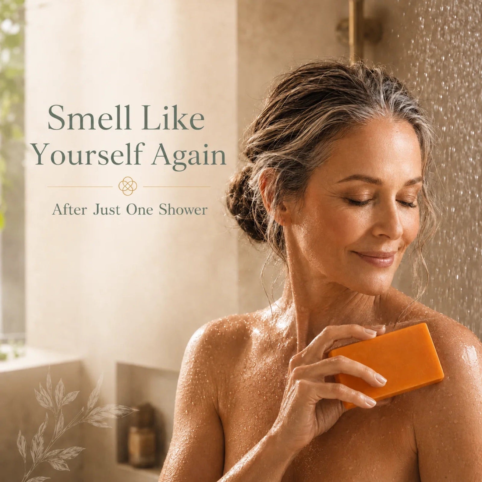 Smell like yourself again — woman in the shower with the bar