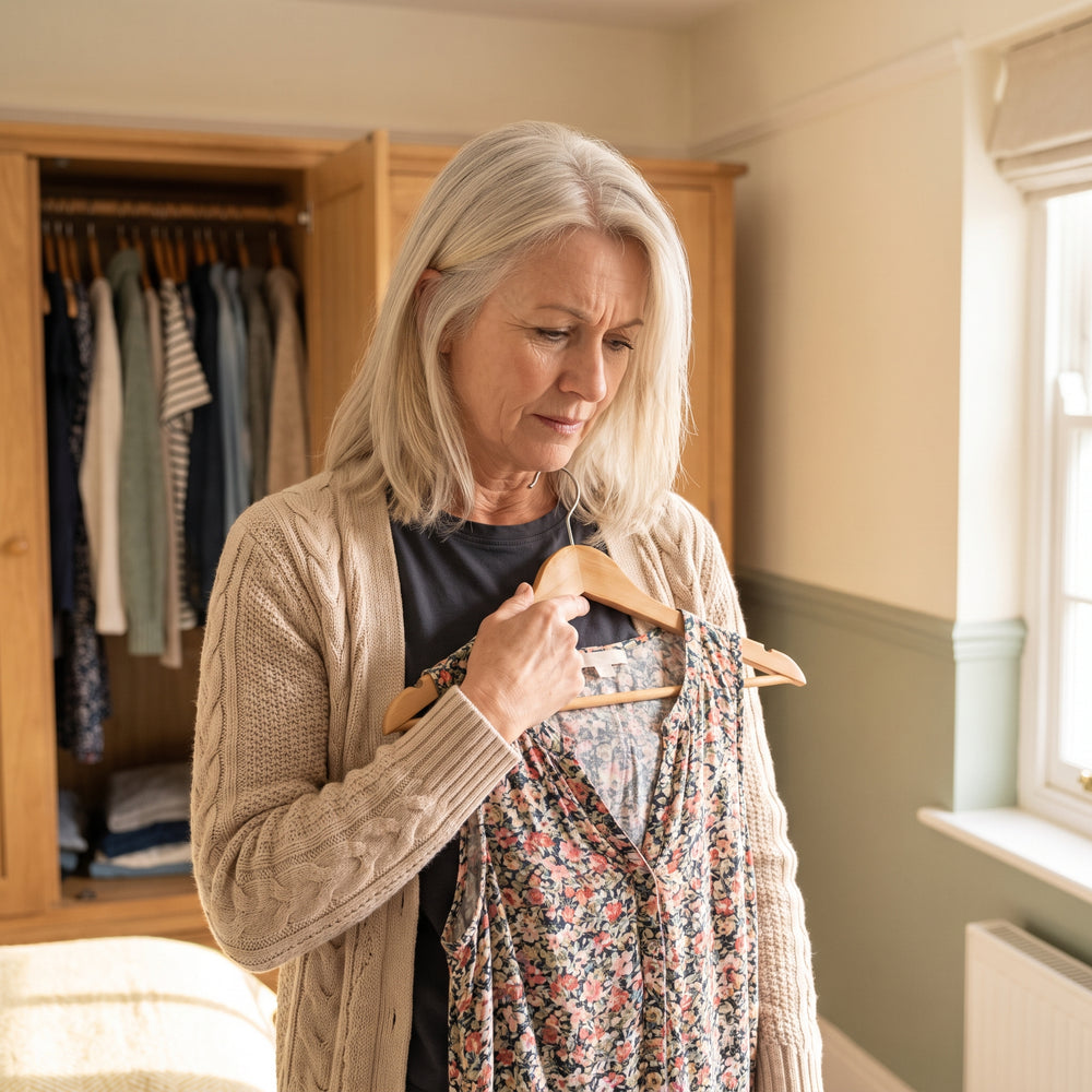 Woman over 50 in front of her wardrobe, holding a summer top and wearing a cardigan