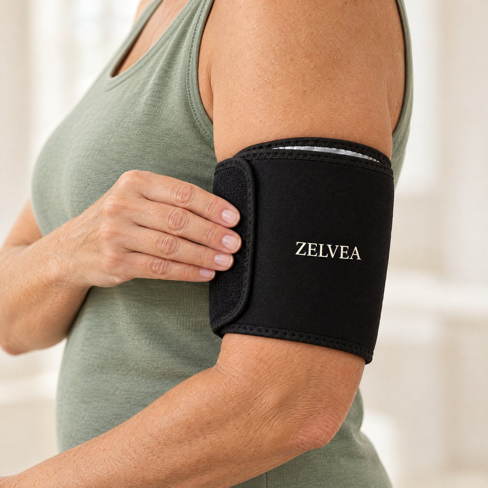 Closing the strap of the Zelvea sleeve on the upper arm
