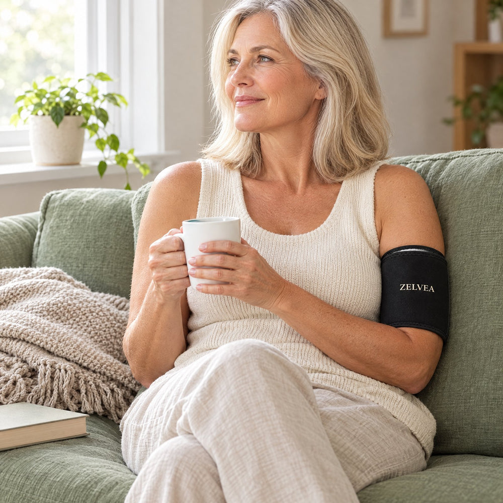Wearing the Zelvea sleeve 20 minutes with a morning coffee