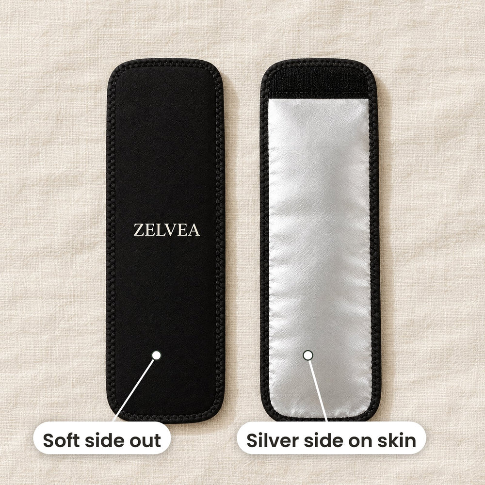 Two Zelvea sleeves lying flat: soft side out, silver side on skin