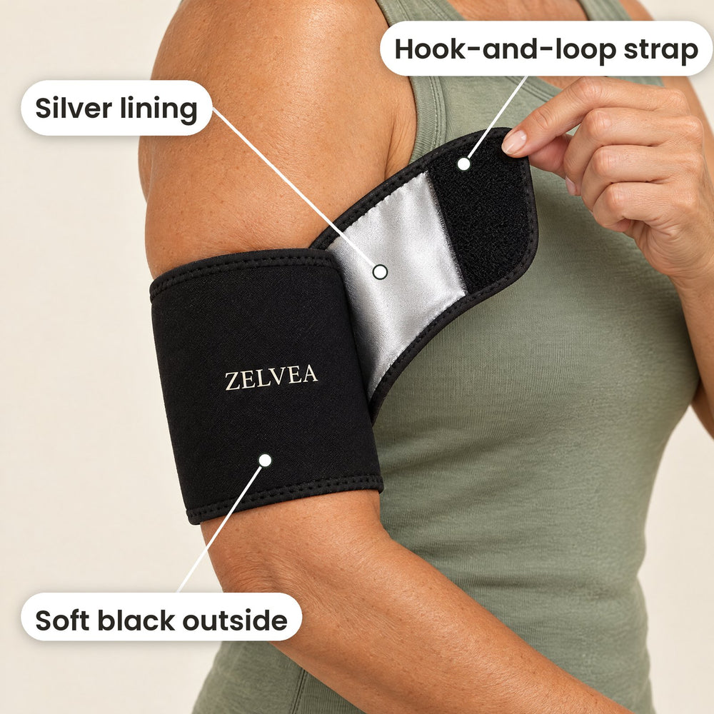 Upper arm wearing the Zelvea sleeve, flap lifted to show the silver lining and the hook-and-loop strap