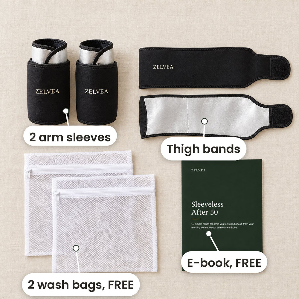 The Complete Set: 2 arm sleeves, thigh bands, 2 wash bags and the e-book