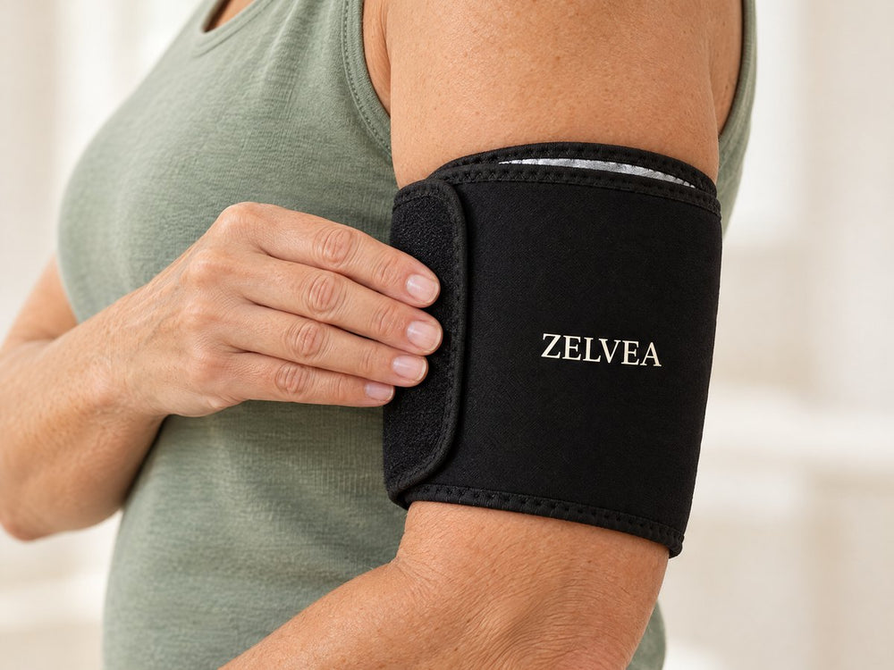 Hand pressing the strap of the Zelvea sleeve closed on the upper arm
