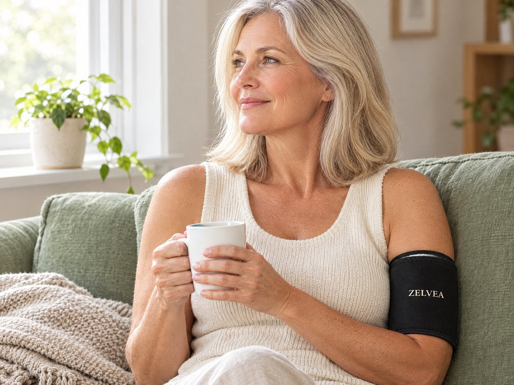 Woman over 50 relaxing on the sofa with a coffee, wearing the Zelvea sleeve